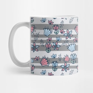 Gray stripes with pink and blue flowers Mug